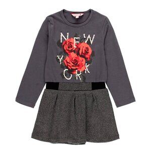 Herringbone Gray Long Sleeve Dress with Red Rose Print